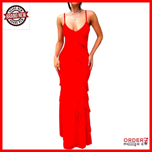 Sexy V Neck Backless Bodycon Maxi Dress Elegant Ruffle Cocktail Party Wear Sexy V Neck Backless Bodycon Maxi Dress Elegant Ruffle Cocktail Party Wear